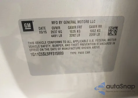 2015 Chevrolet Malibu 1Lt из США, поврежденный, VIN 1G11C5SL5FF315889